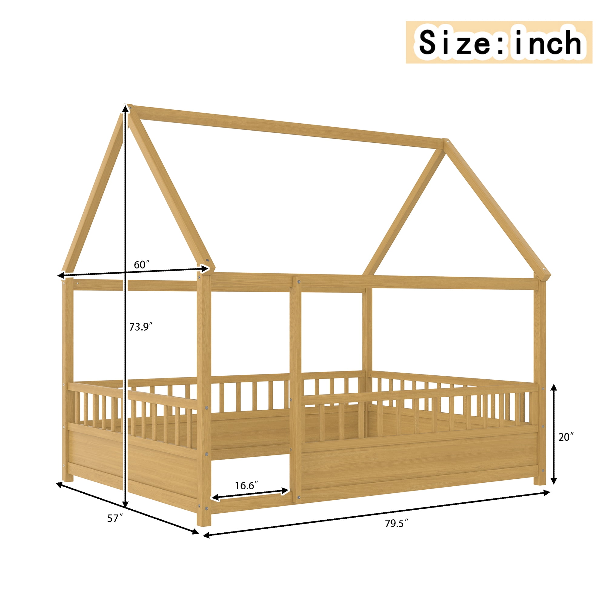 Floor Wooden Bed with House Roof Frame, Full Size Fence Guardrail Bed for Kids, Natural Pine Wood Children's Bedroom Furniture, 20-Inch High Fence with Roof Structure