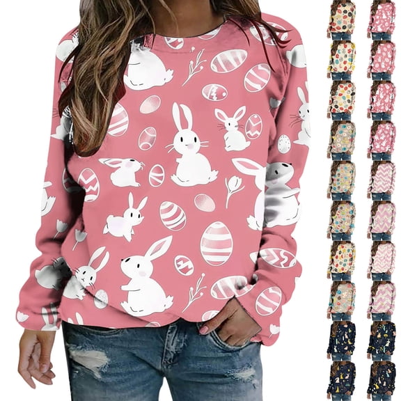 DDAPJ pyju Women Easter Day Tops Funny Cute Bunny Printed Tee Casual Christian Blouse Long Sleeve T-Shirt Religious Blouses Gray XXL