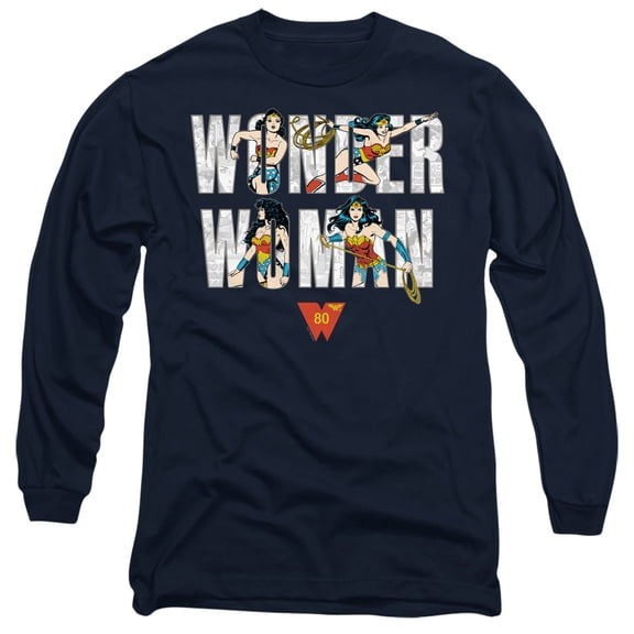 Wonder Woman WW 80th Illustrated Type Unisex Adult Long-Sleeve T Shirt, WW 80th Illustrated Type, Small