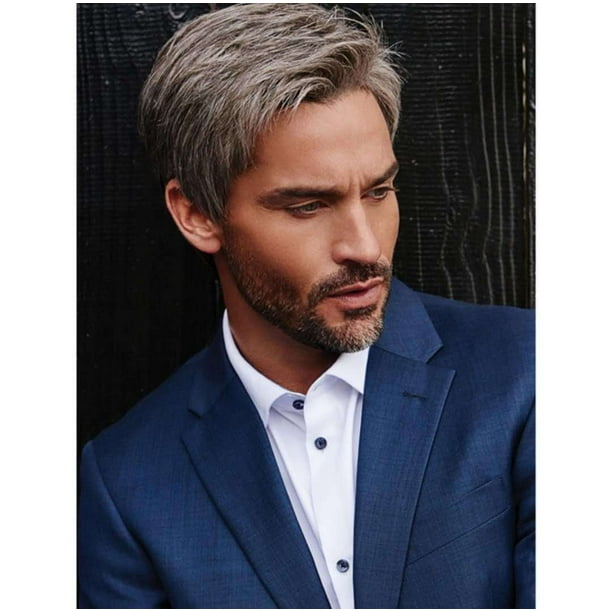 Pelucas con flequillo para mujeres, peluca ondulada suelta para hombres de mediana edad, cabello castaño oscuro degradado, cabello corto y liso, cubierta para la cabeza, contracción, contracción.