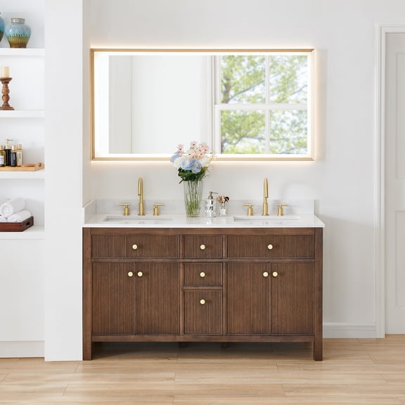 Cerrito 60" Wood Vanity in Brown Brushed Oak Engineered Stone Top with Mirror