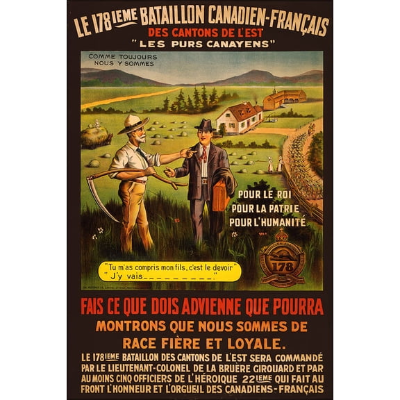 24"x36" Gallery Poster, wwi Recruitment poster for 178th Canadian-french Battalion, 1915