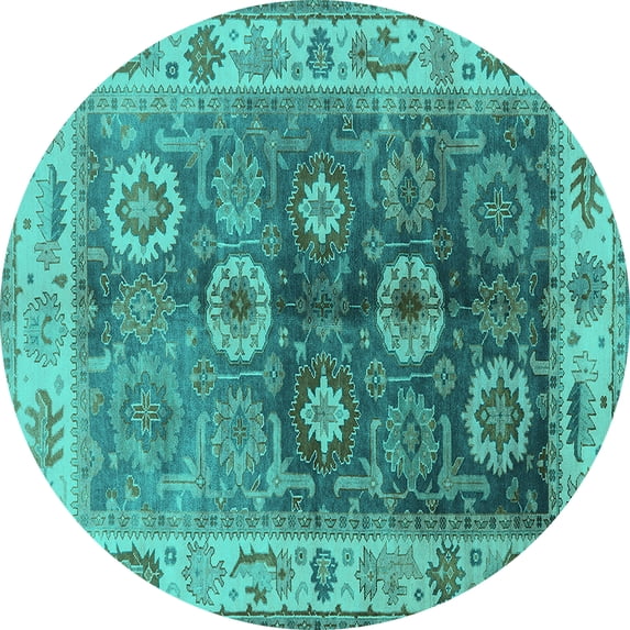 Ahgly Company Machine Washable Indoor Round Oriental Turquoise Blue Industrial Area Rugs, 6' Round
