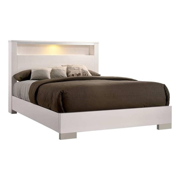 Benjara Queen Size Bed with Open shelf- White