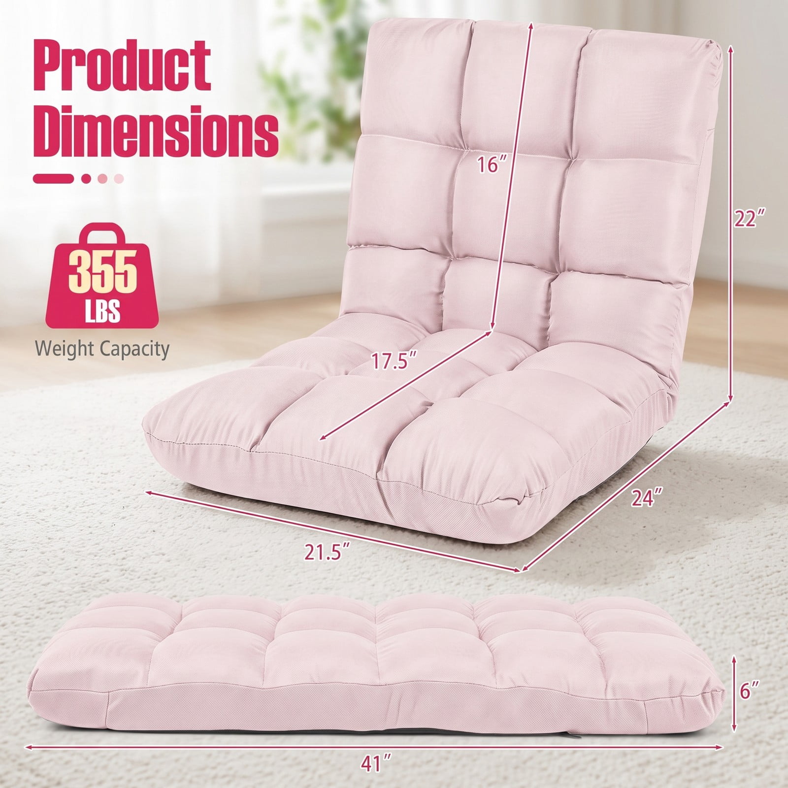 Furnibear 14-Position Adjustable Folding Floor Gaming Chair, Padded Lazy Recliner Sofa with Reclining Backrest for Living Room Bedroom Reading, Light Pink