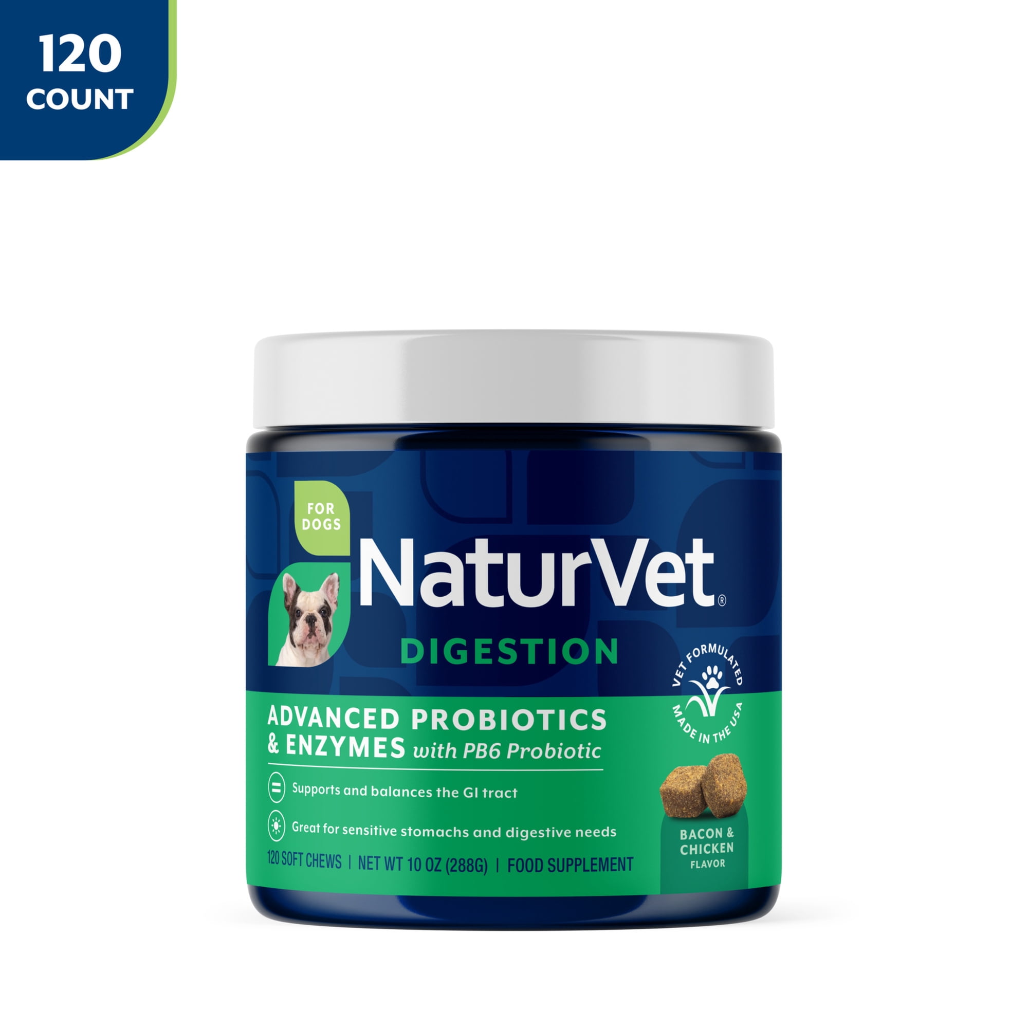 NaturVet Advanced Probiotics & Enzymes Digestion Supplement, Bacon and Chicken Flavor, 120 Count