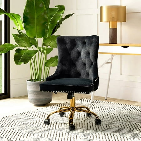 UPC: 0784140785736 | Home Office Computer Desk Chair Velvet Tufted Wingback Upholstered Task Chairs Gold Leg Black
