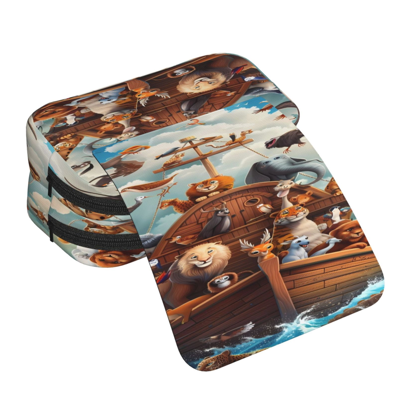 Rateoe Animal Filled Noahs Ark Pattern Double Clamshell Pen Case, Storage Organizer with Two Zipper Compartments– Holds Up to 50 Pencils & Pens