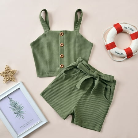 

Leutsin Toddler Baby Girls Cotton Outfits Solid Color Bow Sling Leisure Clothes Suit