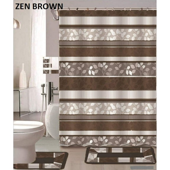 Zen Coffee Brown 18-Piece Bathroom Set: 2-Rugs/mats, 1-Fabric Shower Curtain, 12-Fabric Covered Rings, 3-pc. Decorative Towel Set 