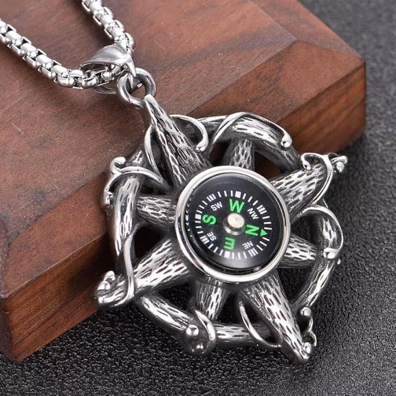 HOOUN Silver Working Compass Pendant Necklace Men's Protection Jewelry Chain 24" Gift