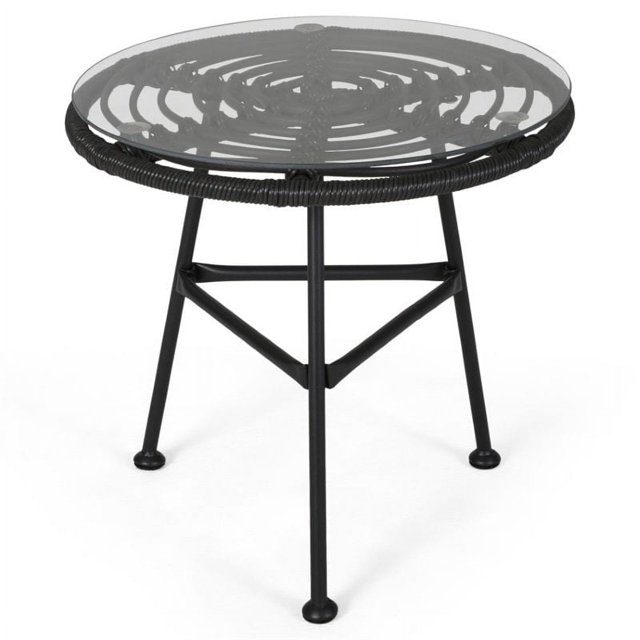 Noble House Orlando Outdoor Glass Top Faux Rattan Side Table in Gray