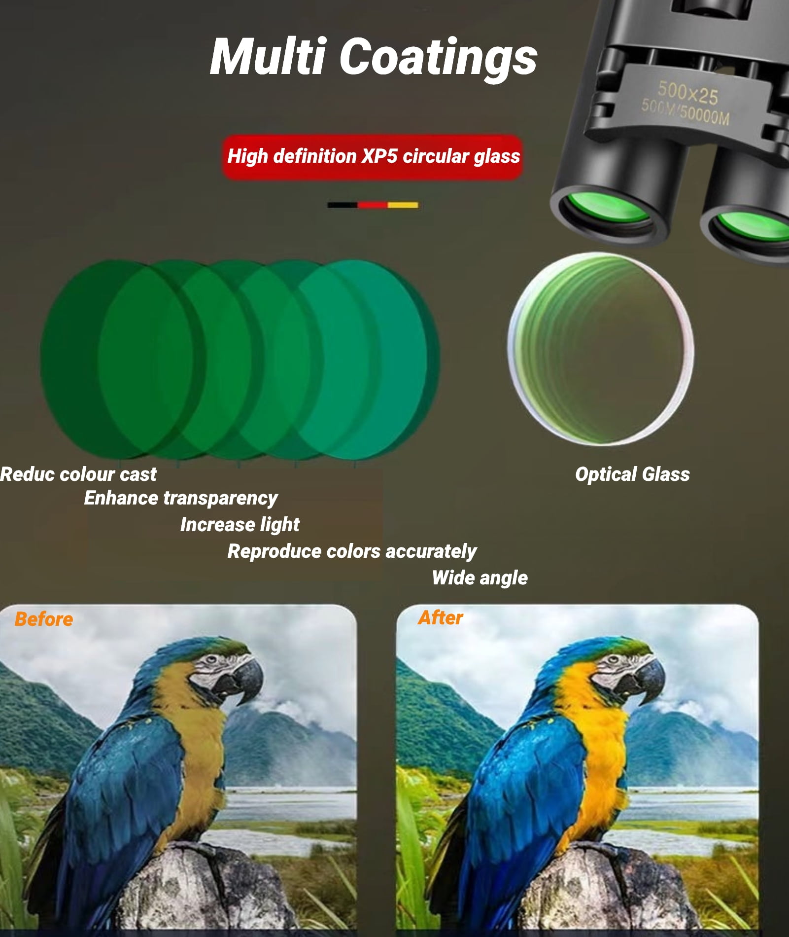 DUCLUS Telescopes 500x25 Binoculars for Kids Adults with Clear Low Light Vision Waterproof for Bird Watching Hunting Sightseeing