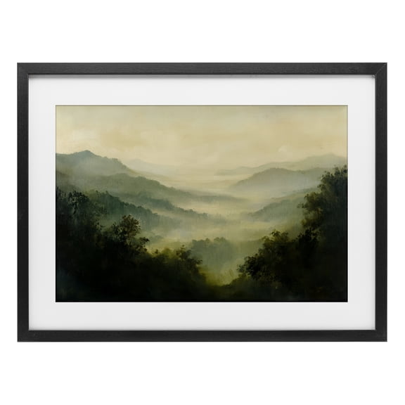 Through The Haze Landscape Black Framed Print Under Glass, design by Petal Prints Design
