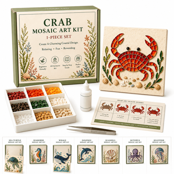 DIY Sea Glass Mosaic Art Kit, Ocean Animal Craft Kit for Adults Beginners, Sea Glass Art Kit with Colorful Mosaic Pieces, Glue, Tweezers and Guide, Coastal Home Decor Gift