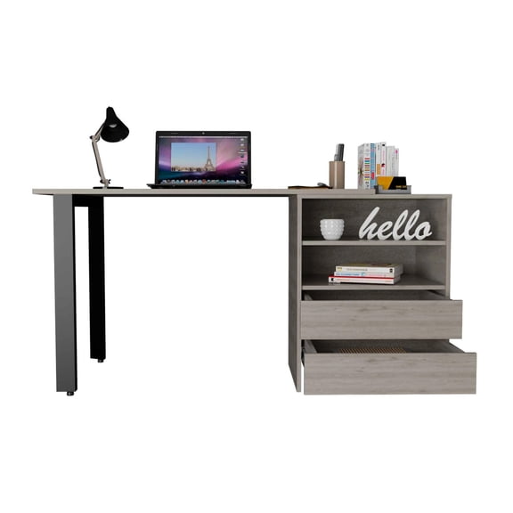 FM FURNITURE Praga 120 Modern Wood Desk with 2-Drawer & 2 Shelves in Light Gray
