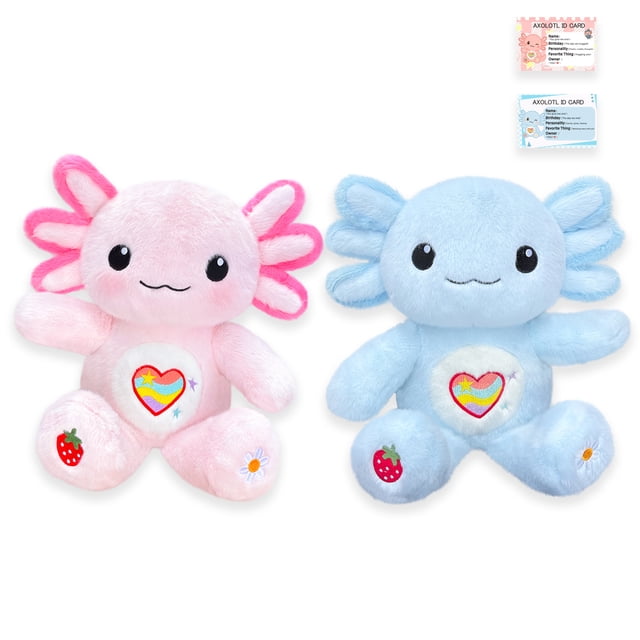 Pack 2 Ajolotes de Peluche 35 cm (Rosa+Azul), Corazón Arcoíris Bordado, Algodón PP, 2 Tarjetas, Regalo Dúo