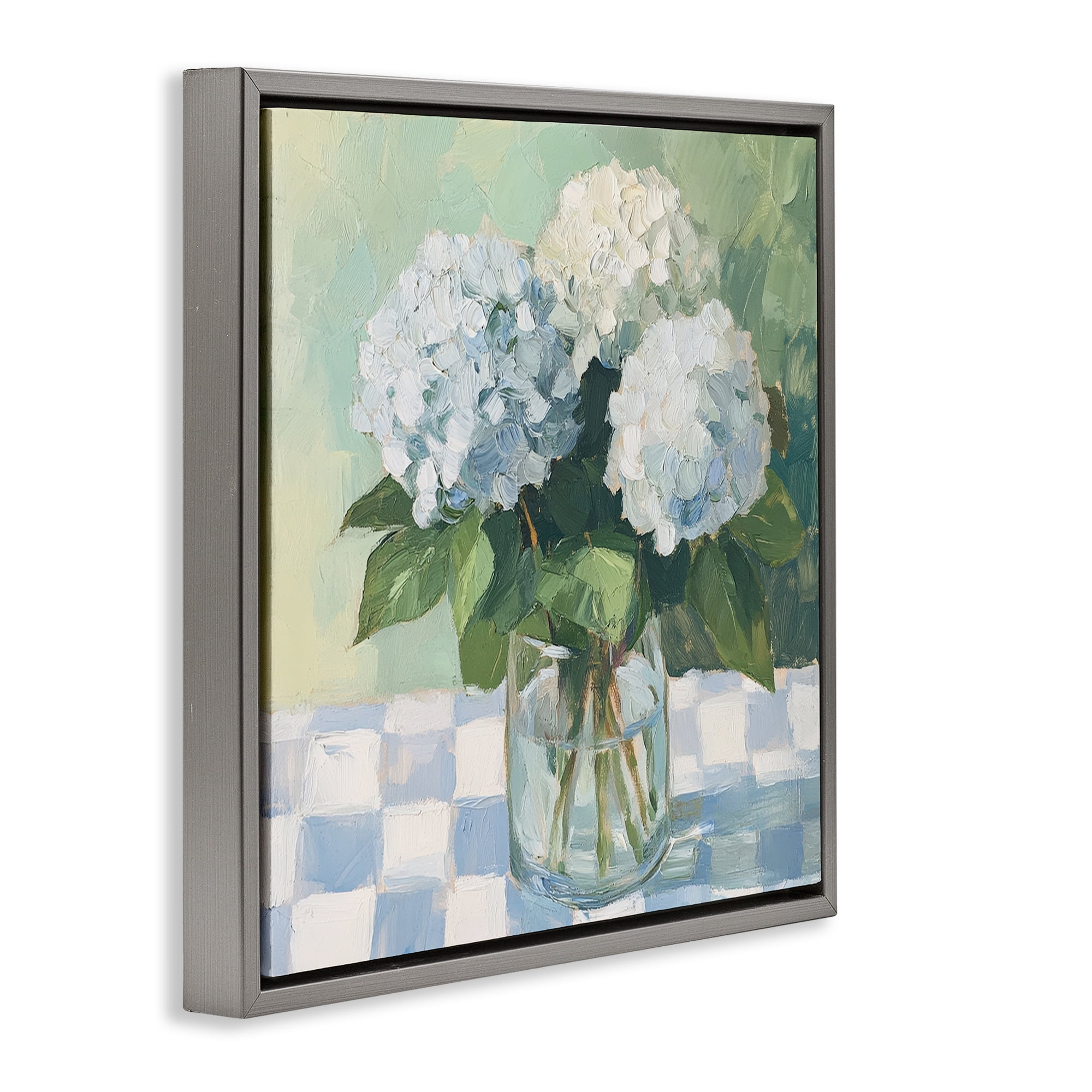 Stupell Industries Hydrangea Picnic on Checkered Gray Framed Floater Canvas Wall Art, design by Petal Prints Design