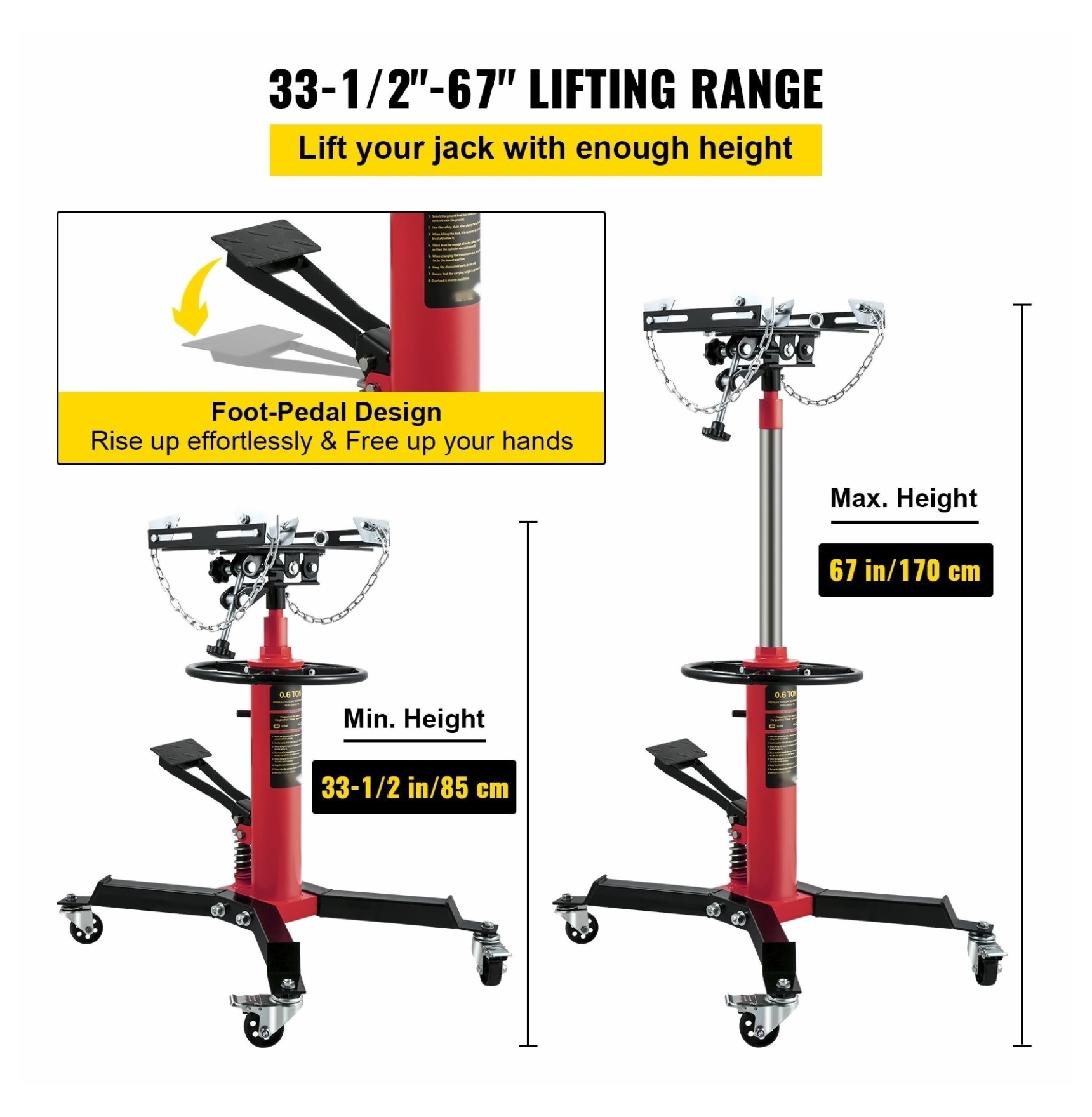 Transmission Jack 3/5 Ton 1322LBS Hydraulic Telescopic Jack, 2-Stage Floor Jack Stand, 360° Swivel Wheel, Red