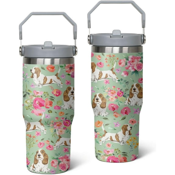 Basset Hound Gifts for Dog Lovers 30 OZ Basset Hound Tumbler Cup for Women Men Basset Hound Design Travel Mug Stainless Steel Insulated Water Bottle With Handle Lid and Straw