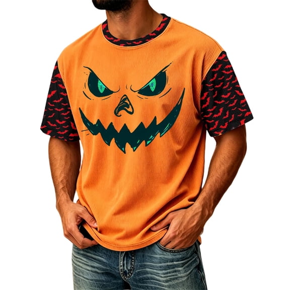DORKASM Men Halloween Shirts Short Sleeve Skeleton Comfy Shirts Round Neck Spooky Ghost Graphic Vacation T Shirt Funny Print Fall Winter Lounge Pullover Orange L