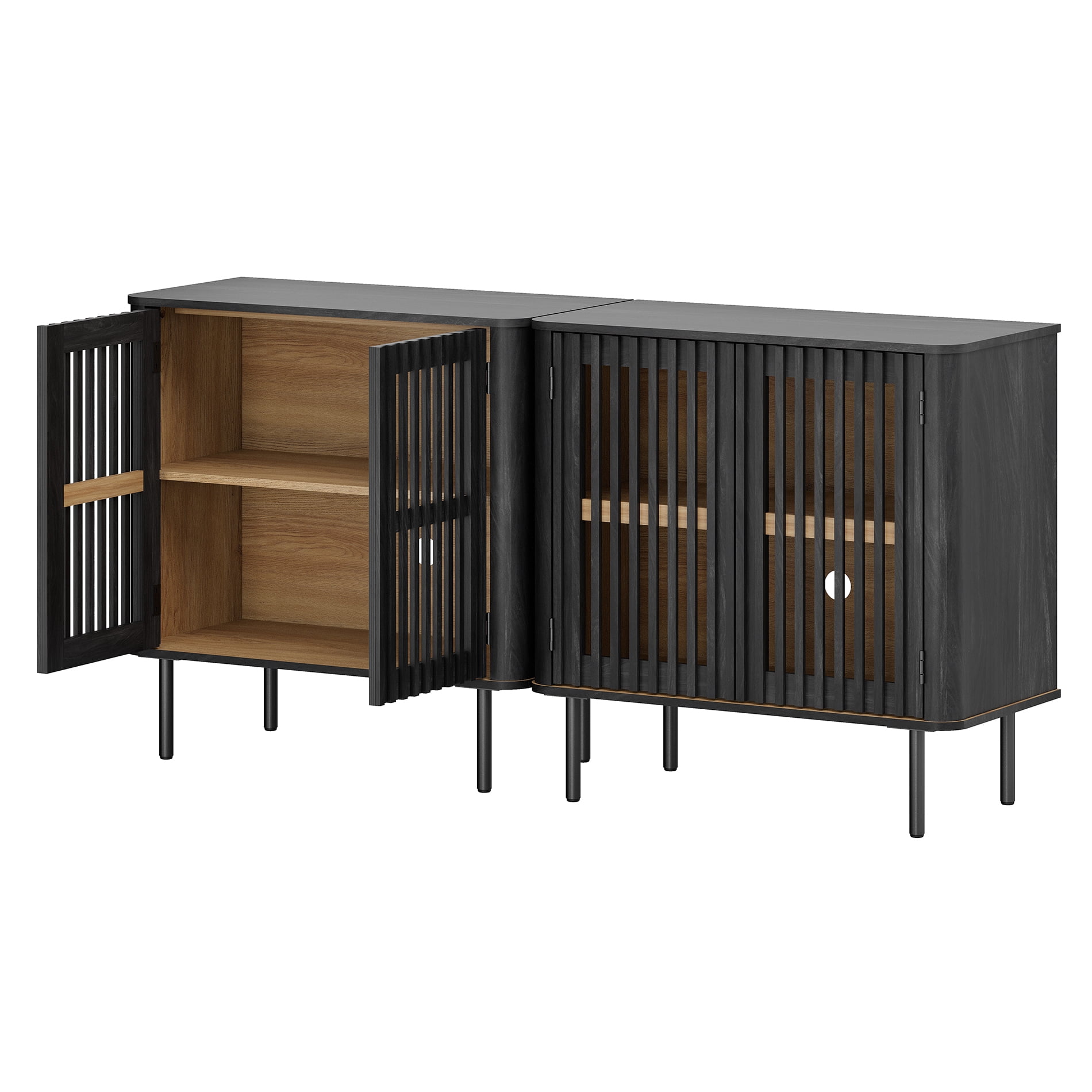 63" Mid Century Modern Sideboard Buffet Cabinet with Storage,Fluted Sideboard Cabinet with Adjustable Shelf, Black