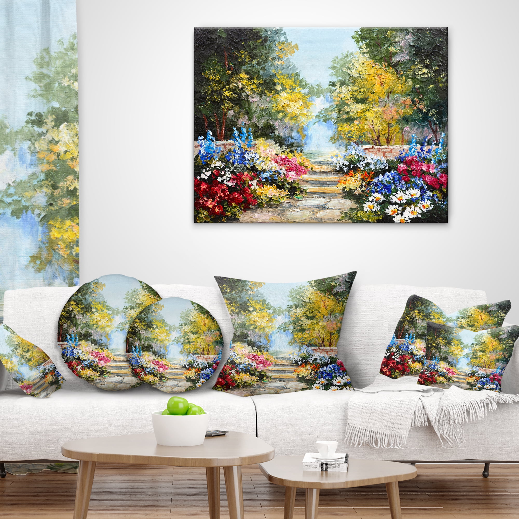 Designart Summer Forest with Flowers - Landscape Printed Throw Pillow - 18x18