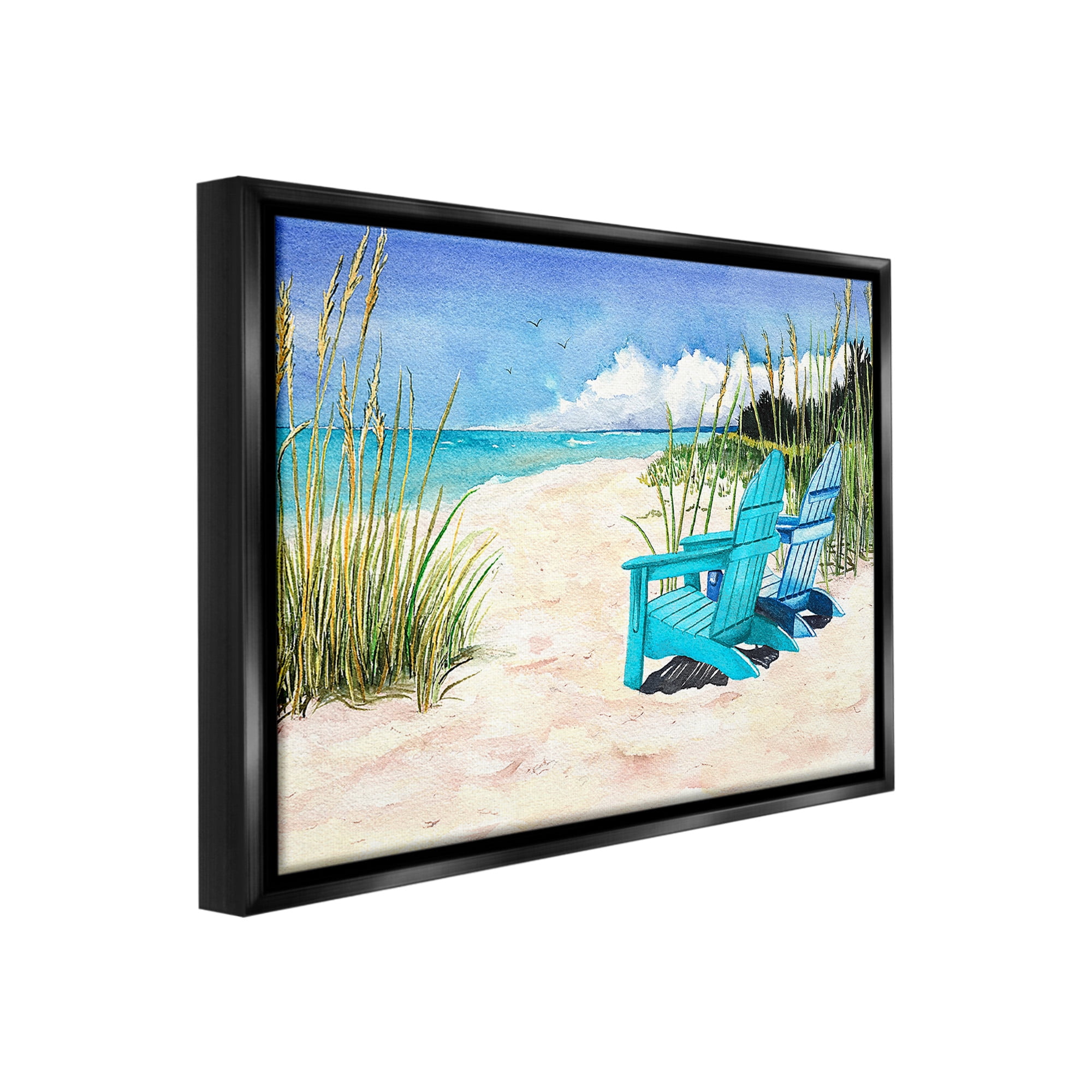 Stupell Industries Blue Beach Chairs Scene Landscape Painting Black Floater Framed Canvas Art Print Wall Art, 21 x 17