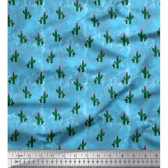 Soimoi Silk Fabric Cactus Tree Print Fabric by the Yard 42 Inch Wide