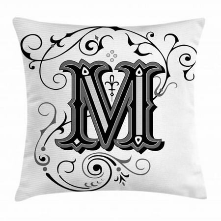 Letter M Throw Pillow Cushion Cover, Abstract Ornamental Design in Dark Color Scheme Swirls and Lines Eastern, Decorative Square Accent Pillow Case, 18 X 18 Inches, Black Grey White, by