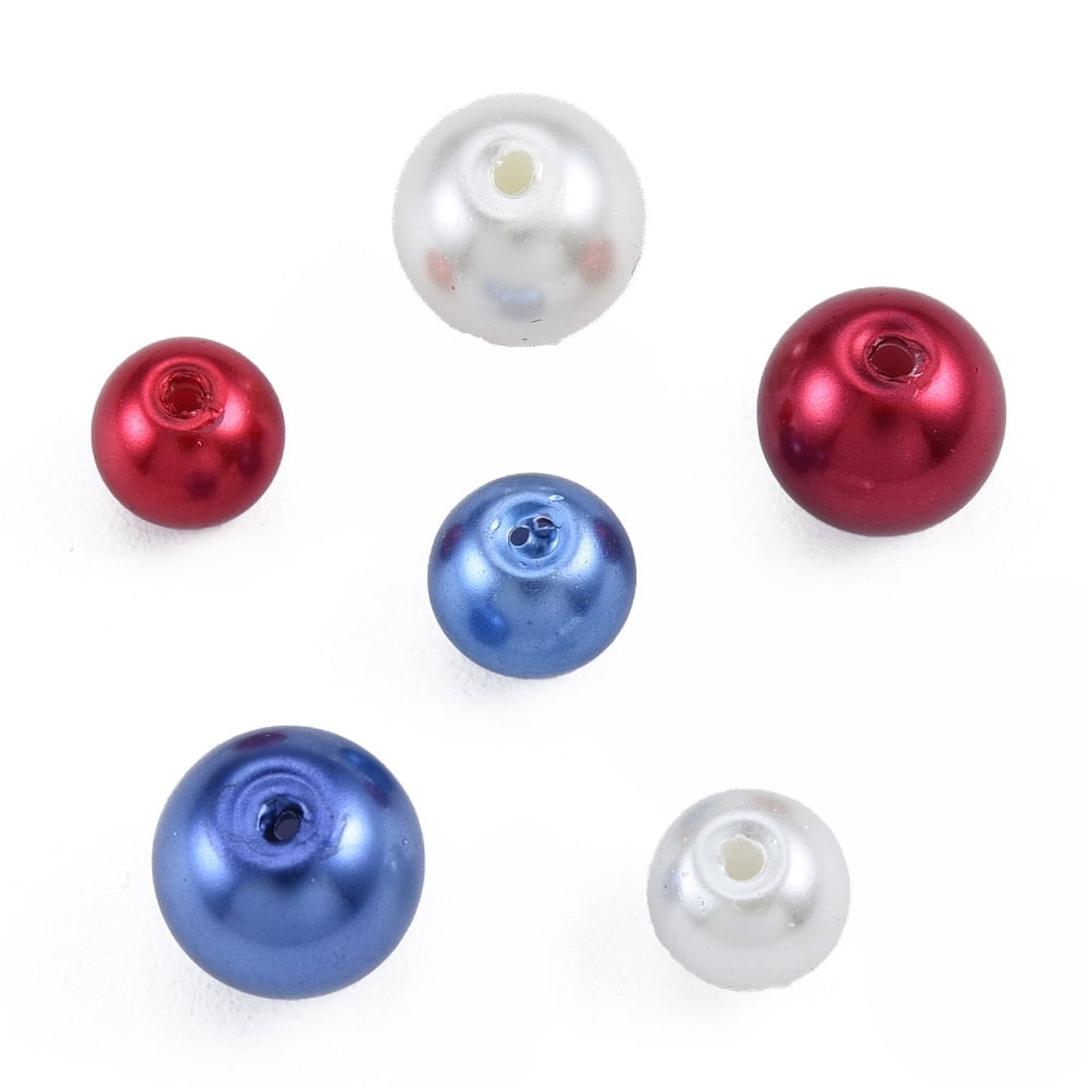 3 Colors Glass Pearl Beads Round Red & White & Blue Beads Mixed Color 6~8mm Hole: 1mm Box: 85x85x85