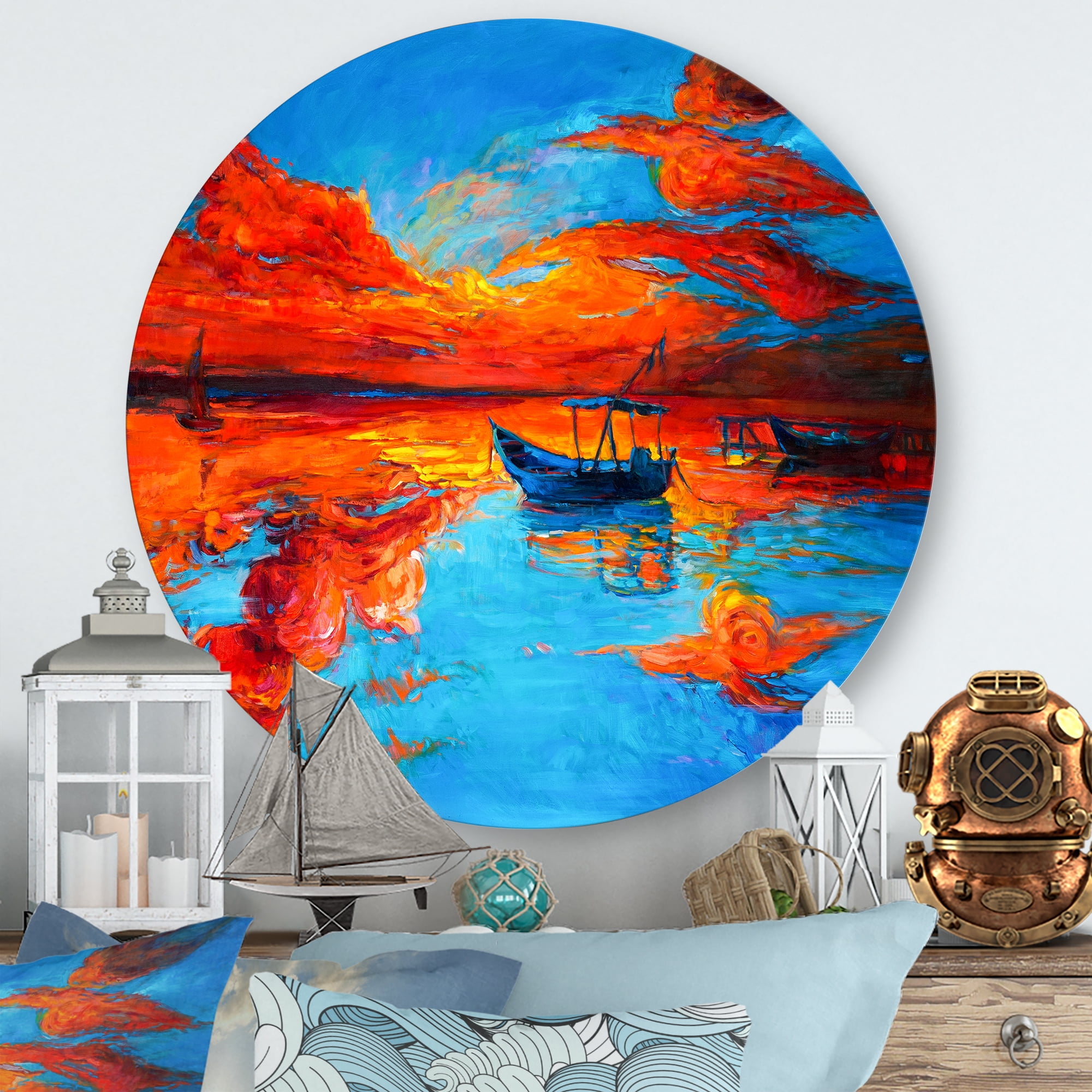 Designart 'Boats During Warm Sunset Resting On The Water VI' Nautical & Coastal Circle Metal Wall Art 11x11 - Disc of 11