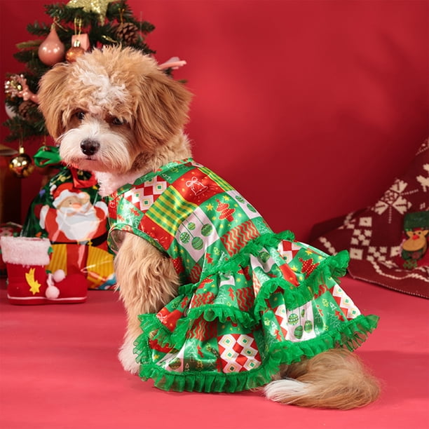 xihome Vestido navideño informal para mascotas con mangas con volantes para perros pequeños, ideal para fiestas navideñas. Disfraz de osito de peluche de polister.