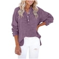 thumbnail image 3 of Craaazy Women Plus Size Tops Loose Fit Solid Color V Neck Button Detail Long Sleeve Cotton Tops for Vacation Gift, 3 of 9