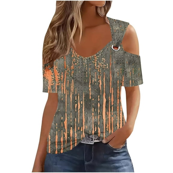 HaoXianJian Womens Trendy Cold Shoulder Short Sleeve T Shirts Floral Print Crisscross Casual Loose Tunic Top Blouse Shirts 2025 Summer Off Shoulder Top