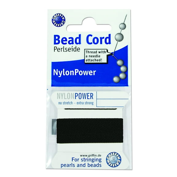 Griffin Nylon Bead Cord Perlseide – Black Color – Size 7 (0.75mm) – 2 meters per card – Stainless Steel Needle Attached – For Knotting Pearls, Gemstones, Crystals and Beads