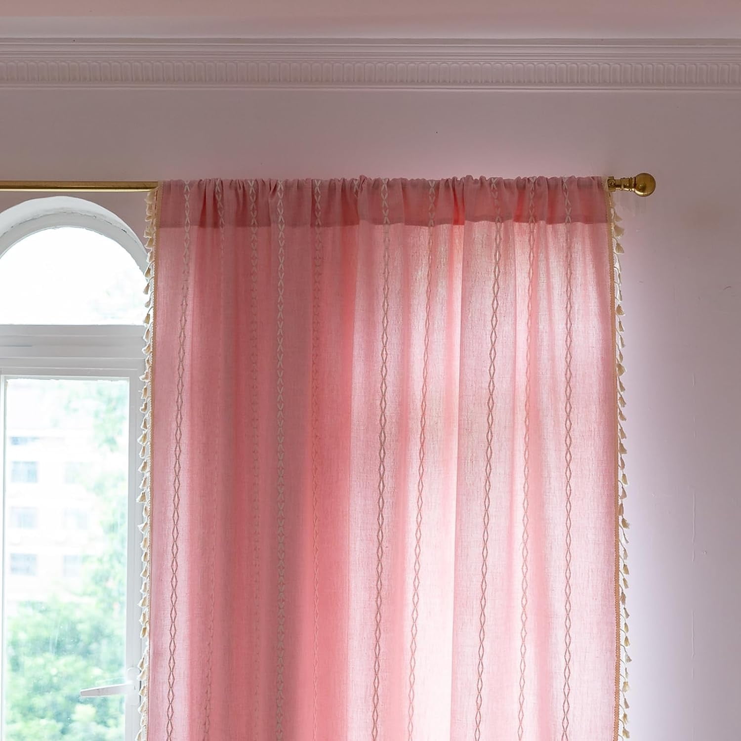 Psoiuetr Pink Boho Curtains for Bedroom Living Room Linen Cotton Embroidered Semi Blackout Farmhouse Window Treatment Drape Vintage Tassels Rod Pocket 1 Panel 52" W x 84" L