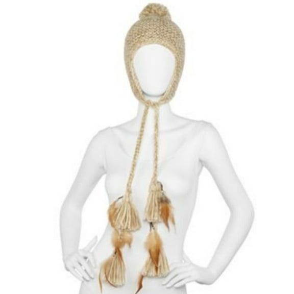 Womens Tan Knit Trapper Hat Pom Top & Braided Peruvian Feather Tassels