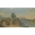 thumbnail image 2 of Francesco Battaglioli 24x15 Gold Ornate Framed and Double Matted Museum Art Print Titled - A Capriccio View of a Walled Town with Elegant Figures on the River, 2 of 4