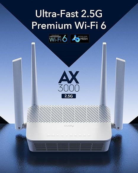 Cudy AX3000 Multi Gigabit Dual Band WiFi 6 Mesh Router, 2.5Gbps WAN RJ45 Port, 4 Gigabit RJ45 Ports, 4 5dBi Antennas, MU-MIMO, OpenVPN, Wireguard, Zerotier, Ipsec VPN, Cloud APP