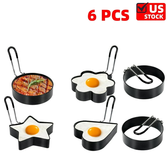 Egg Rings 6 PCS 4 Shapes, Stainless Steel Egg Cooking Rings, Round Pancake Mold for Frying Eggs, Omelet and Muffins, Non-stick Fried Egg Mold Ring with Oil Brush and Slotted Spatula