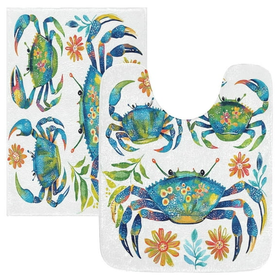 2 Piece Soft Bathroom Rug Set Blue and Green Crabs Bath Mat and U-Shaped Toilet Contour Rug (16"x24" 20"x24")