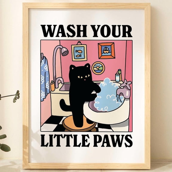 Kna Prints - Wash Your Paws Cat Print, Cute Bathroom Poster, Wash Room Childrens Washing Up Posters, Kawaii Prints Decor, Unique Cats Art Unframed Poster, UNFRAMED-24x36