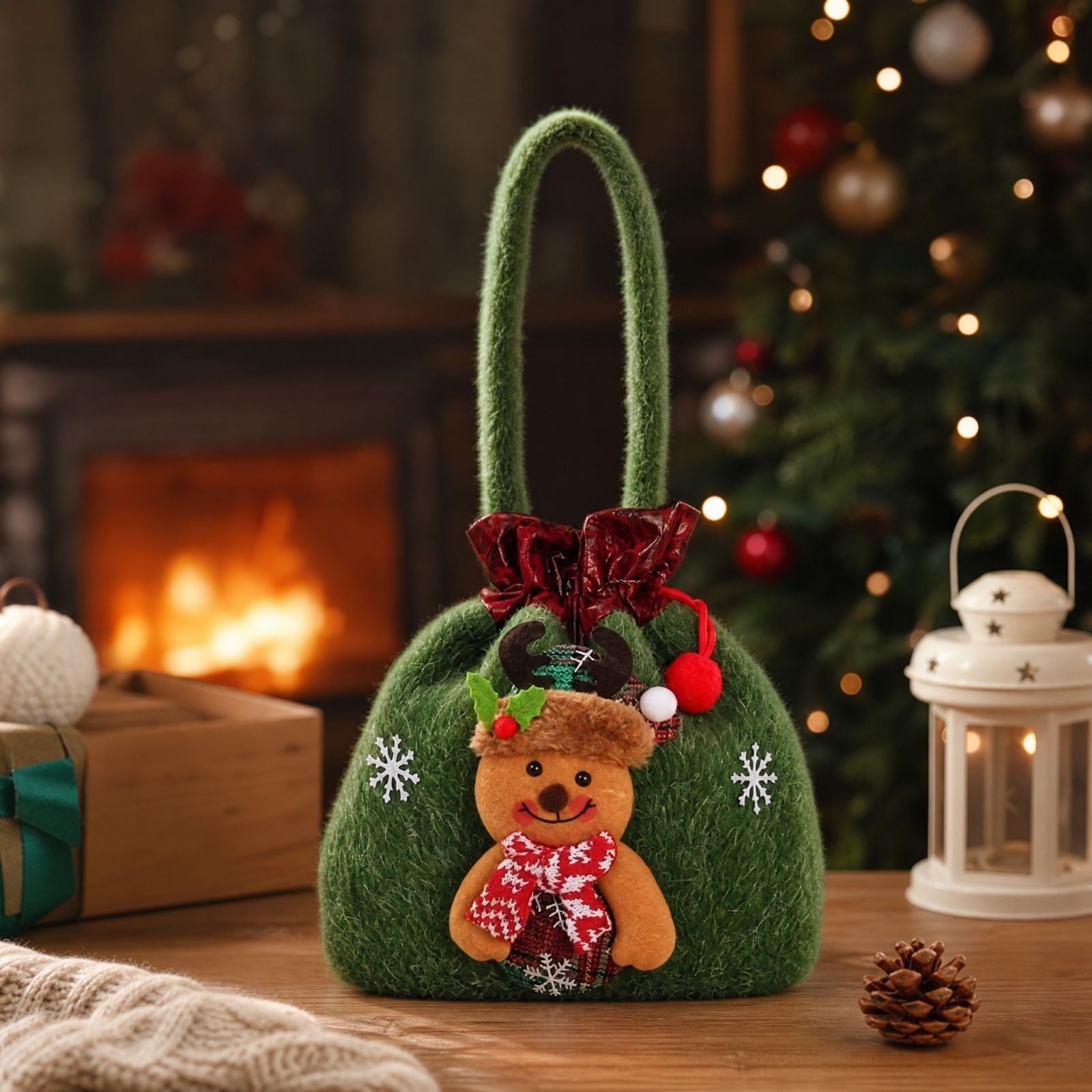 Christmas Drawstring Gift Bags with Handle Snowman Santa Bear Fabric Gift Pouch with 3D Ornament Design Reusable Candy Treat Sack for Christmas Party Favors and Holiday Decor