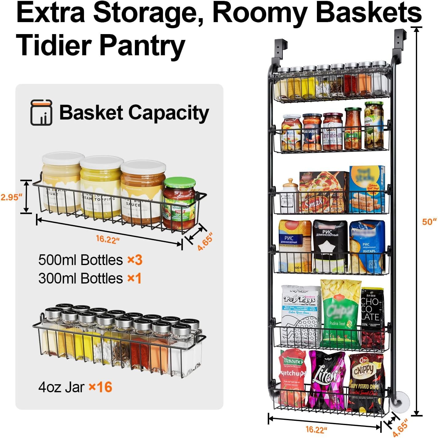 6-Tier Over the Door Pantry Organizer, Metal Pantry Organizers and Storage, Spice Rack Pantry Door Organizer for Easy Install, D5 x W18 x H50 inch - Black