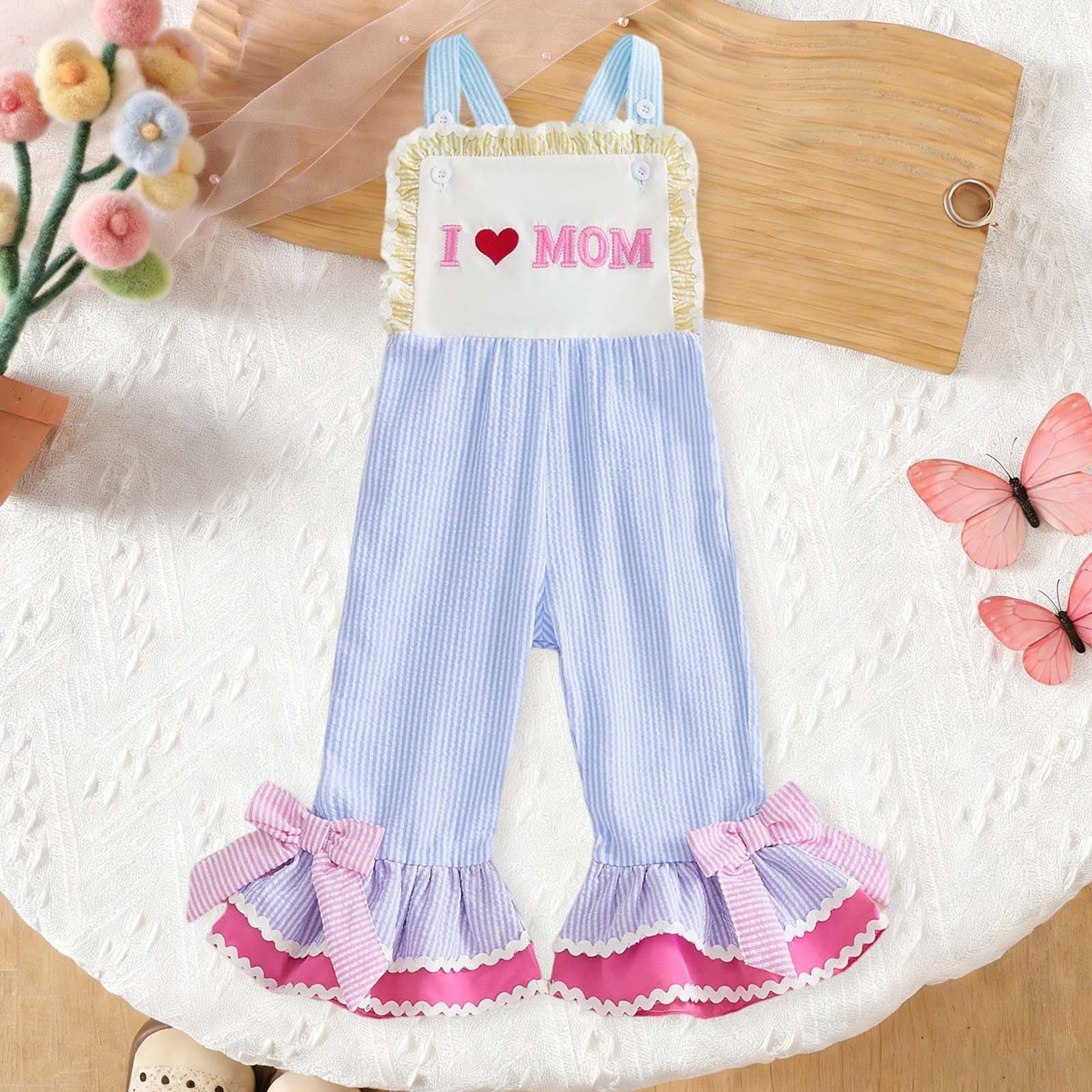 mgoYE Toddler Baby Girl Clothes 3-4 Years Mamas Girl Bell Bottom Romper Sleeveless Jumpsuit Overalls Cute Girls Summer Outfits Blue