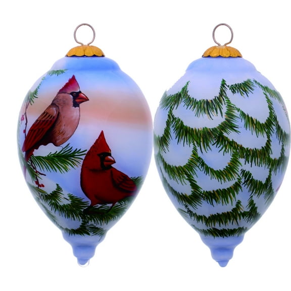 Perched Winter Cardinal Hand Painted Mouth Blown Glass Ornament