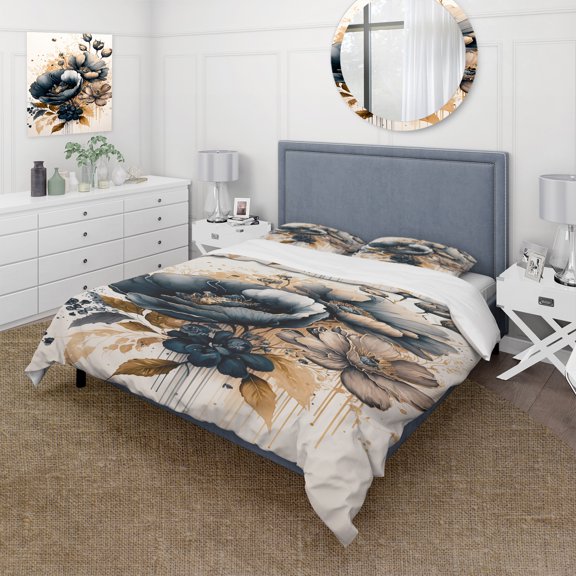 Designart "Poppy Flowers in Navy Blue and Gold III" Floral & Botanical Bedding Covert Set - Poppy Blue Floral Bed Set With 2 Shams