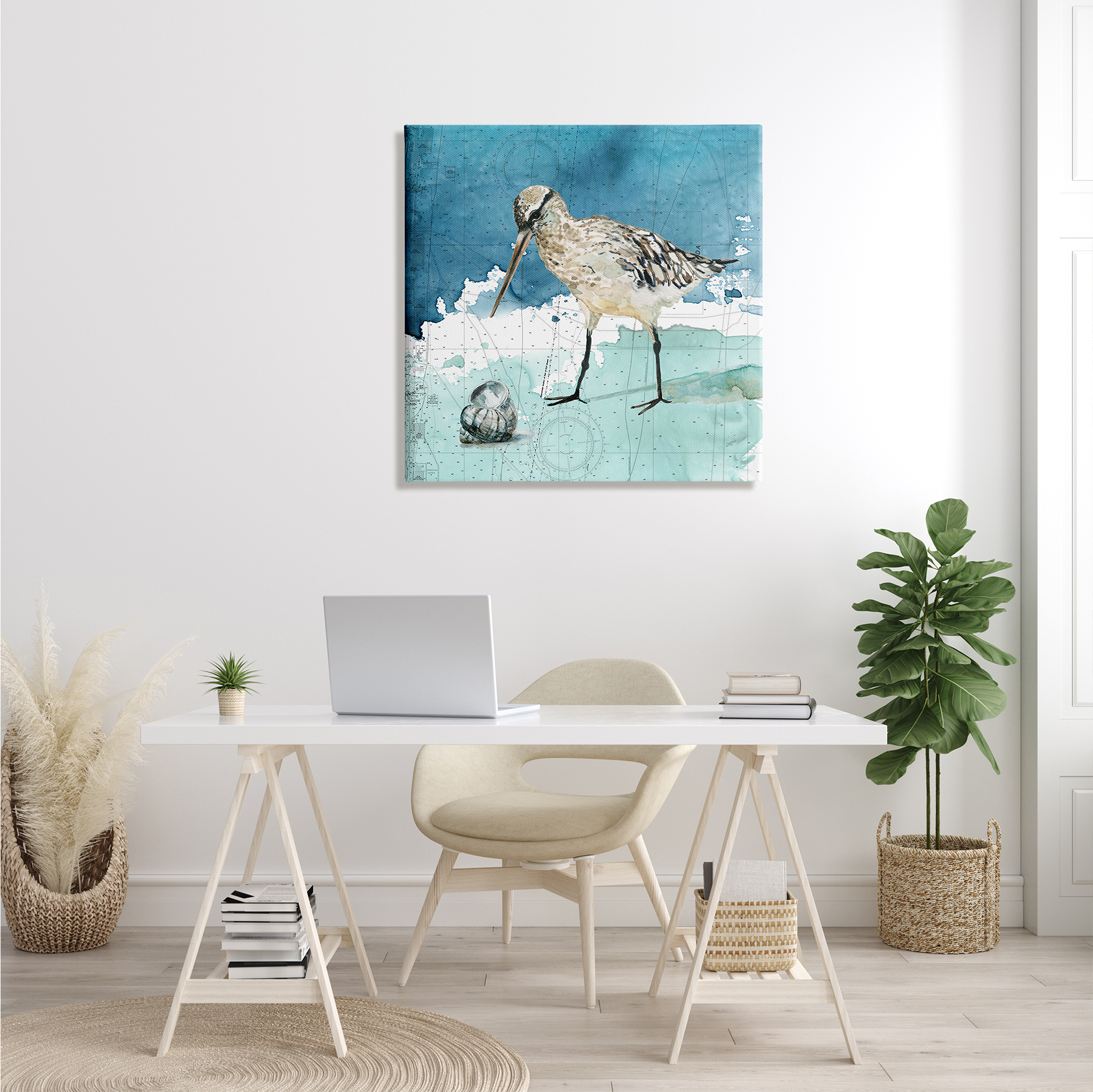 Stupell Industries Beach Bird Round Shell Blue Ocean Coastal Map, 30 x 30, Design by Carol Robinson