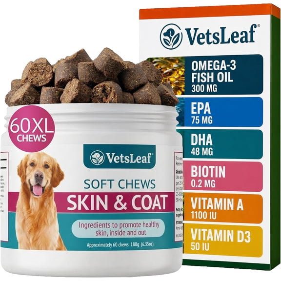 VetsLeaf Dog Skin and Coat Supplement Chews - Omega-3 Fish Oil, EPA & DHA, Biotin, Vitamin A & D3 - Coat Shine, Skin Hydration, Shedding & Itch Relief - Made in USA - 60 Count